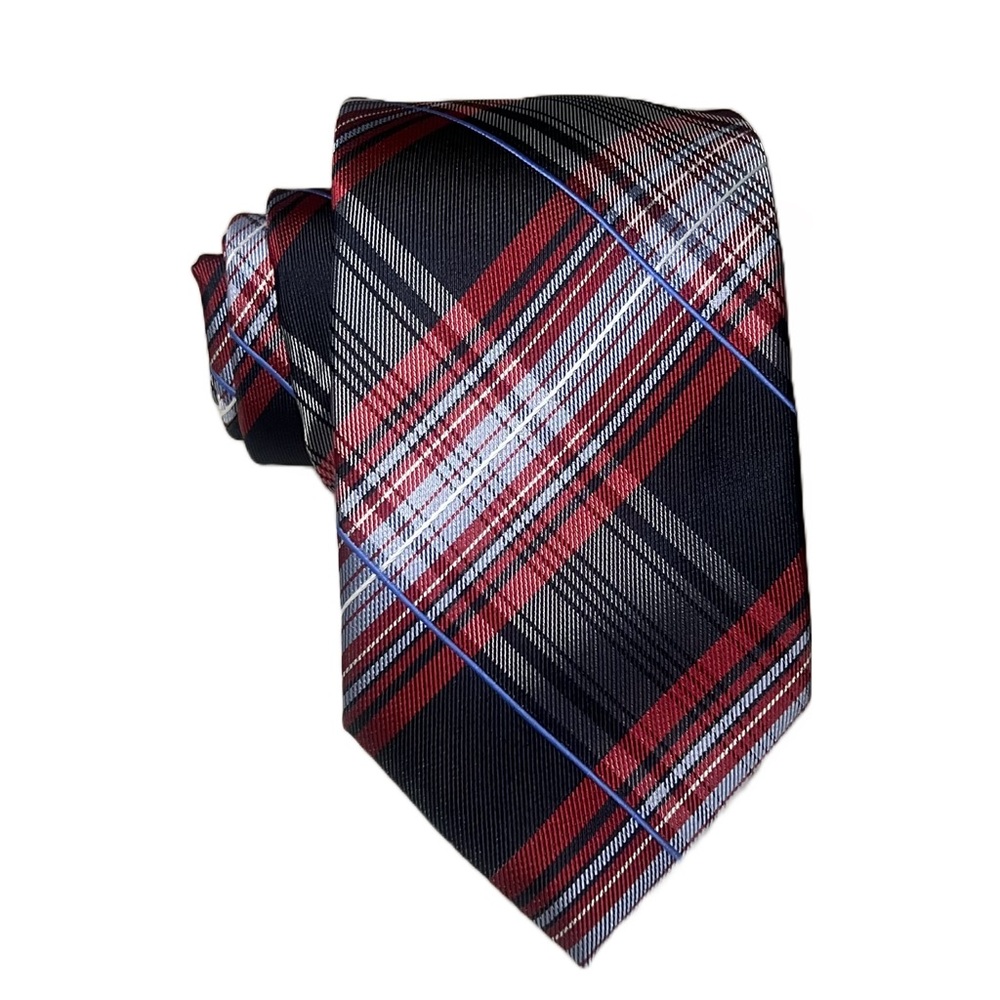 Alexander Julian Handmade Tartan Plaid Designer Tie Black Red Necktie - Picture 5 of 8
